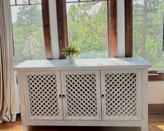  White Restoration Hardware Vintage Style 3-Door Storage Cabinet with Lattice Doors