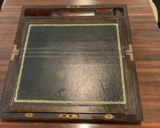 Antique Black Walnut Brass-clad, leather top, portable writing desk. Commonly used by ship captains and their disbursing officers during the early “Age of Steam”.