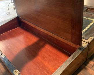 Compartment of Antique Black Walnut Brass-clad, leather top, portable writing desk. Commonly used by ship captains and their disbursing officers during the early “Age of Steam”.