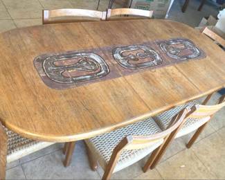 Danish Modern Table 6 Hard Woven Cord Chairs