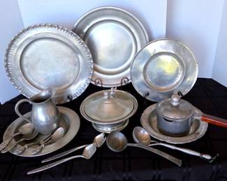 Rustic Pewter Serving Platters, Bowls Pitchers
