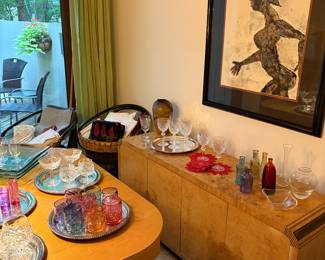 Works on Paper - untitled - by Louise McCagg - c. 1980,  MCM sideboard - low-profile burled walnut, Blown glassware and Waterford stemware