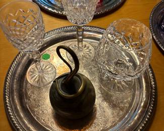 Pottery and brass bell, Waterford glasses and Silver-plated tray