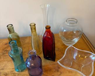 Blown glass vases a  vintage pressed glass, Villroy and Boch dish too