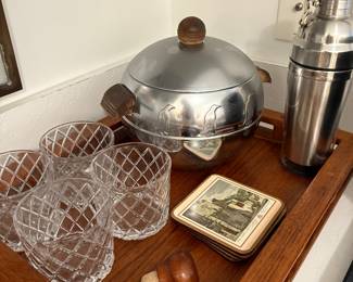 Vintage West Bend ice bucket, MCM wood tray, and bar essentials