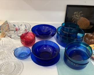 Crate and Barrel glass salad bowl and serving bowls, vintage blue glass bowls and more