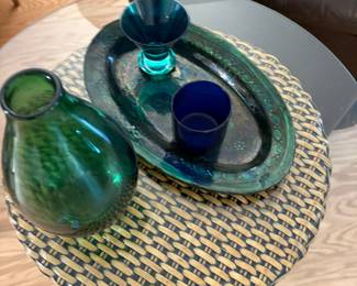 Blown glass vase and vintage pottery 