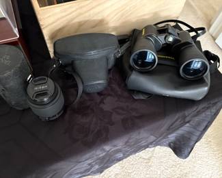 Bushnell binoculars, 35 mm camera, and lenses