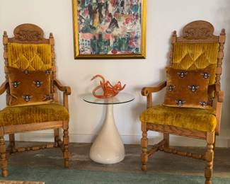 Custom Yellow Velvet dining chairs and Fairchild Paris Official Art Work
