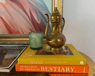 Decor, Coffee table books, candles, vintage kettle