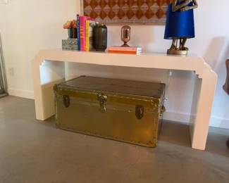 Vintage gold chest, White side table, decor (coffee table books, lamp, boxes, vases
