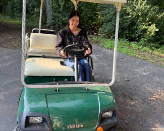 Yamaha 4 person gas golf cart with cover included. Aunt Bee in the drivers seat.