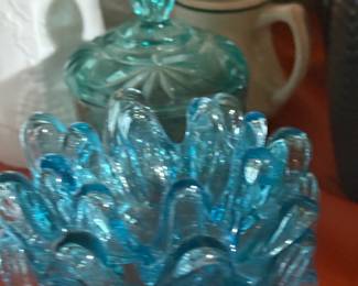 Vintage Mid-Century Modern Blue Art Glass Centerpiece Bowl & Aqua Lidded Dish
