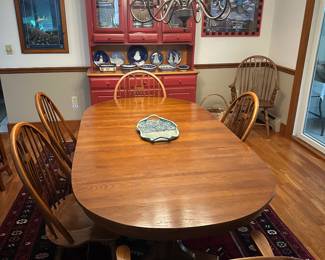 Keller Oak Chestnut Creek dining table with 6 chairs and two leaves; red hutch