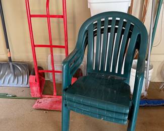 resin chairs; hand dolly
