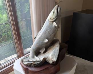 Salmon soapstone sculpture by Drake