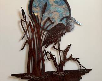 Blue heron meal & stained glass wall sculpture