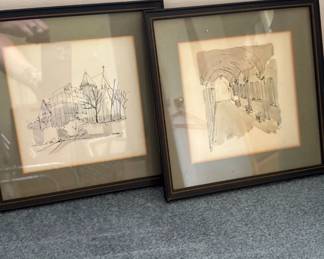 architectural pen and ink artwork framed 