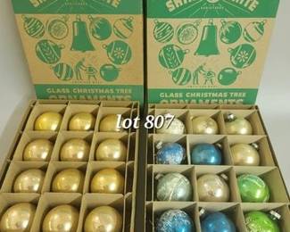 Boxes of vintage Shiny Brite ornaments