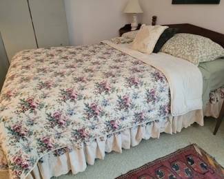 Queen bed, metal frame, mattress, box spring. Bedding and pillows included