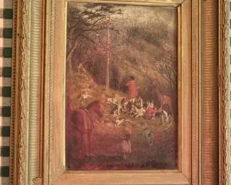 Antique hunting scene oil on canvas in original frame, by English painter T E Marson