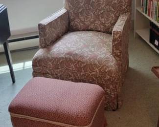 Vintage bedroom chair and ottoman, paisley print.