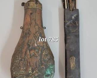 Antique black powder flask, leather paint brush holder