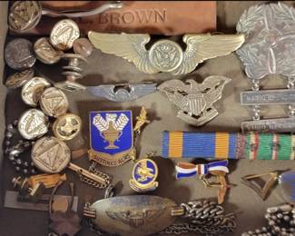 Military pins and bars, mostly World War II