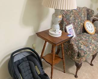 Car chair, vintage parlor table and hand painted vintage lamp