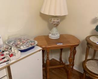 Vintage wood inlay side table and hand painted lanp