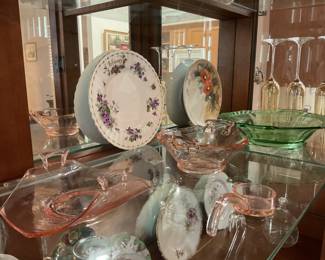 Depression & vintage glass pieces and china display