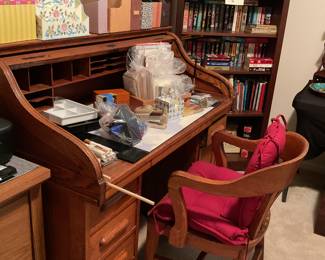 Real wood roll top desk, office supplies, sturdy chair, printer