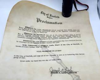 Proclamation City of Norfolk, Virginia, declaring June 16, 1985, as "U.S.S. FRANKLIN CV-1