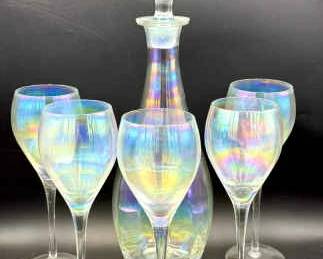 Vintage Toscany Iridescent Decanter (5) Glasses With Stickers