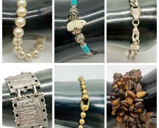 (6) Bracelets including Tiger Eye & Silver Tones