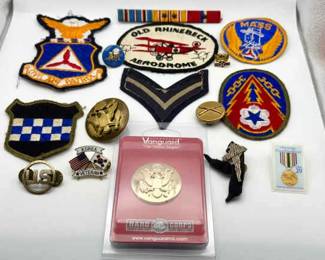 Military Patches & Pins
Old Rhinebeck Aerodrome
(2) Massachusetts Wing of the Civil Air Patrol (MAWG)
World War II-era United States Army European Theater of Operations (ETO) Advanced Base shoulder sleeve insignia (SSI)
U.S. Army Corporal Rank Patch WW II era
U.S. Army's 99th Readiness Division, formerly known as the 99th Regional Readiness Command (ARCOM) and the 99th Infantry Division
United States Army enlisted men's hat badge
Crossed gun infantry pin
commemorative stamp and pin honoring those who served in Operations Desert Shield and Desert Storm, featuring the Southwest Asia Service Medal.
Army cap device manufactured by Vanguard Industries
Korea veteran pin
POW MIA pin
US collar lapel
Navy Seabees
AFA Pin
Ribbon bar