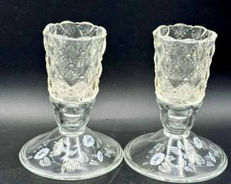 (2) Crystal Avon Hummingbird Candlestick Holders & Quilted Votive Cups