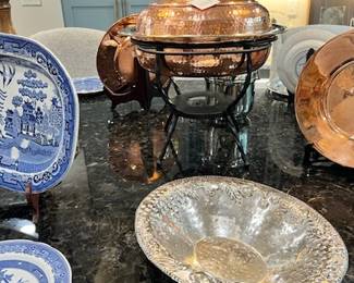 Large copper warmer on metal stand