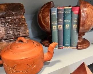 Small Asian terra cotta tea pot, marble tookends