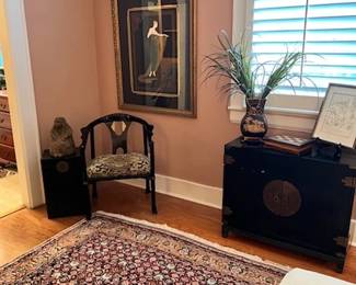Erte Print, pair of Chinese lacquer chairs; oriental chest