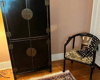 Oriental cabinet; other of the pairof chairs