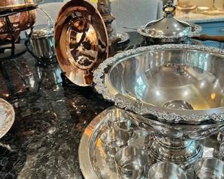 Silverplate punch bowl, cups, tray and ladle