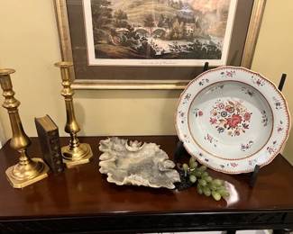 Soapstone bowl; brass candlesticks, jade grapes