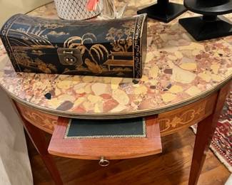 XIV marble top table with candle trays on both sides and drawers