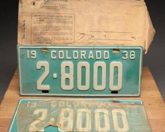 1938 Colorado License Plate Set with Paperwork