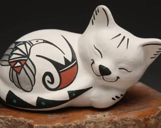 Signed Acoma Pottery Sleeping Cat Figurine