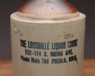 Antique Stoneware Whiskey Jug, Pueblo, Colo.