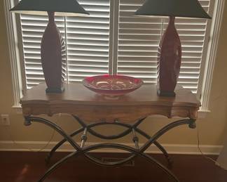 Console Table, Pair of Lamps and Bowl