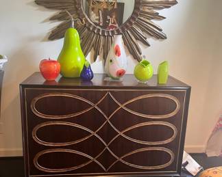 Decorative Cabinet, Art Glass Fruit and Sunburst Mirror