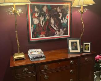 Grand Orchestra Seriolithograph by Linda Le Kinff ad Pair of Twig Lamps
